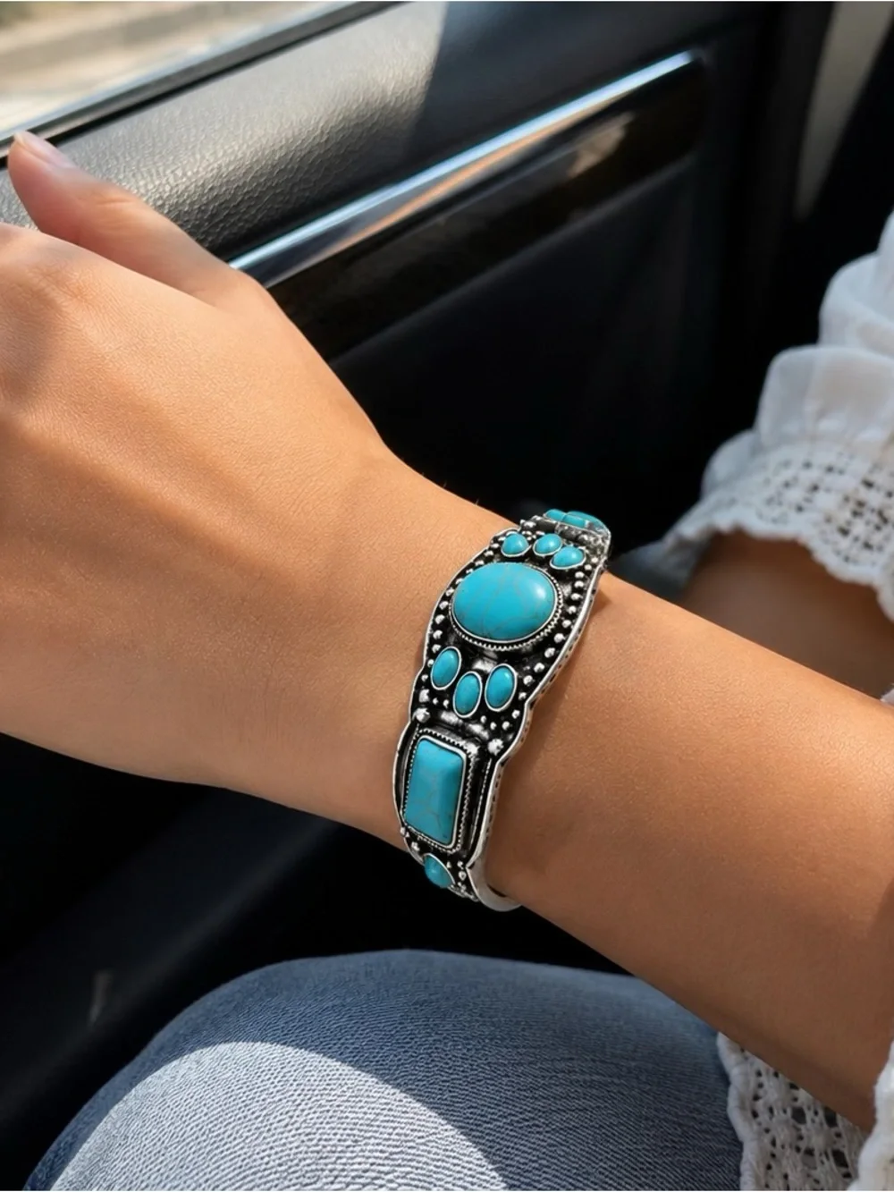 Inspired vintage Turquoise Stone Silver-Tone Cuff Bracelet - Women Jewelry